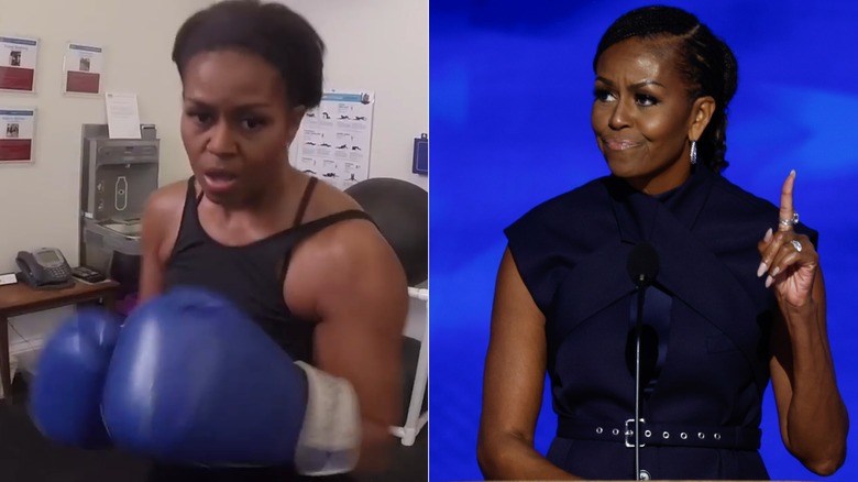 One photo of Michelle Obama working out and one of her giving a speech