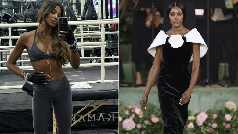 One photo of Naomi Campbell working out and one of her walking the runway
