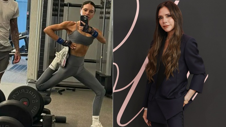 One photo of Victoria Beckham working out and one of her posing at a red carpet