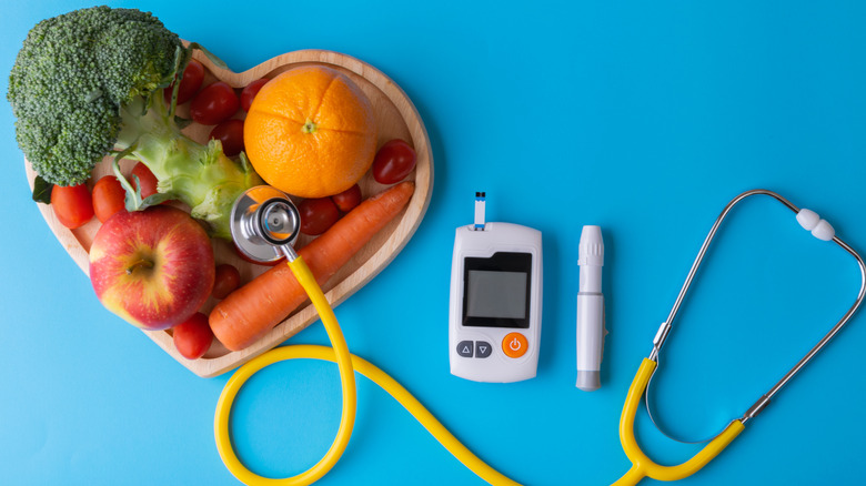 fruits, vegetables, insulin, and stethoscope