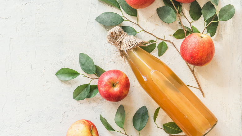 apple cider vinegar bottle and apples