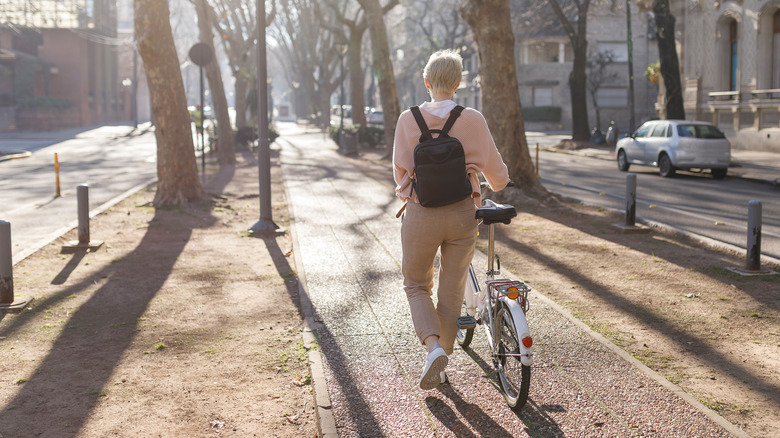 Person walking bike down street