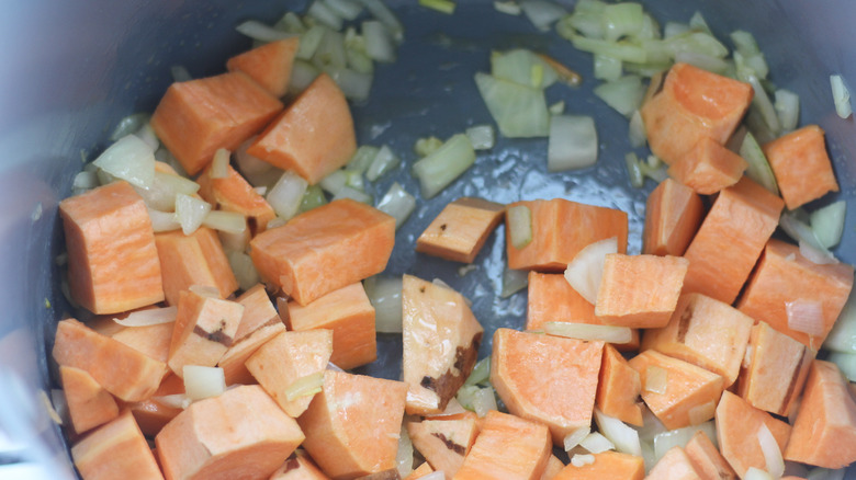 sweet potatoes and onion cooking