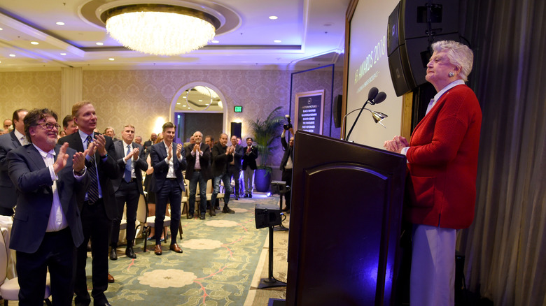 Angela Lansbury speaking at a conference