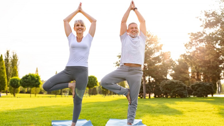 middle-aged couple do tree pose outdoors