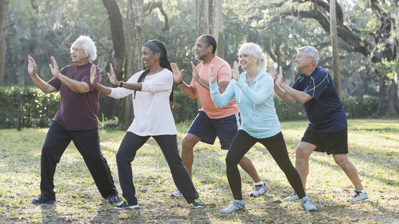 A group of healthy seniors practicing tai chi in a public park