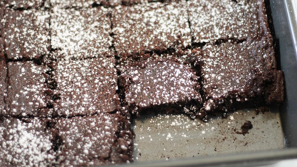 sliced low-carb brownies in pan