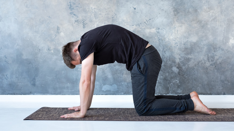 man doing cat/cow yoga pose