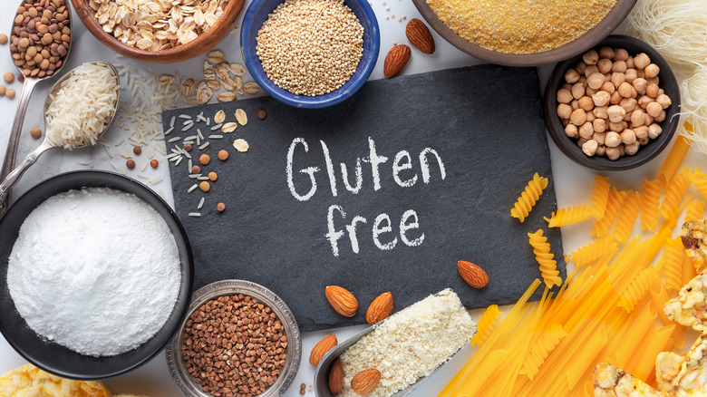Gluten free sign with beans nuts pastas