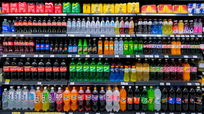 A variety of soda drinks in a grocery store