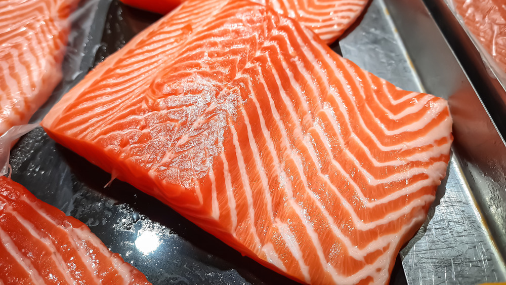 Close up of raw salmon steak