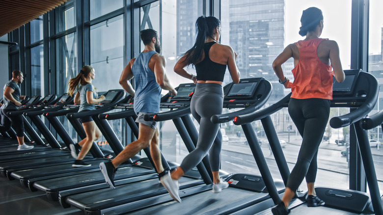 Fit people running on treadmills in a gym