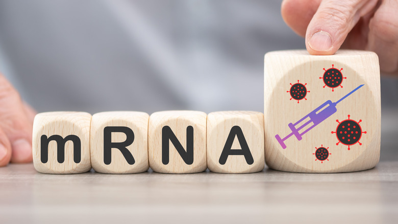 5 wooden blocks lined up together reading "mRNA" with an image of virus cells and syringe