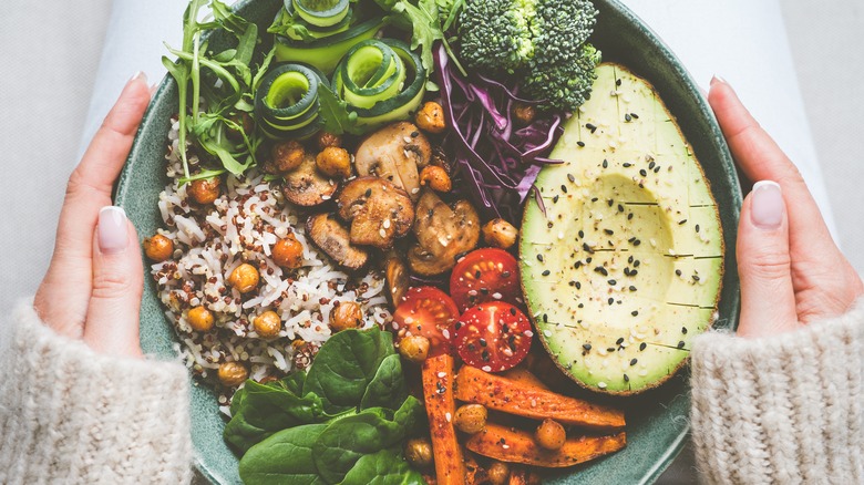 Hands holding bowl of vegetarian meal