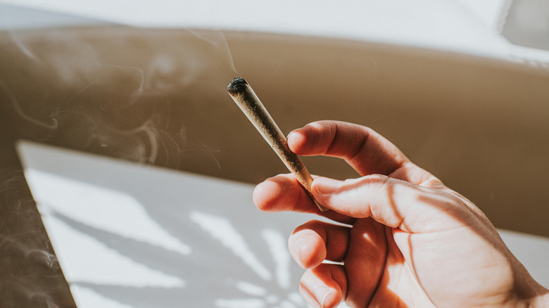 A hand holding a smoking marijuana cigarette