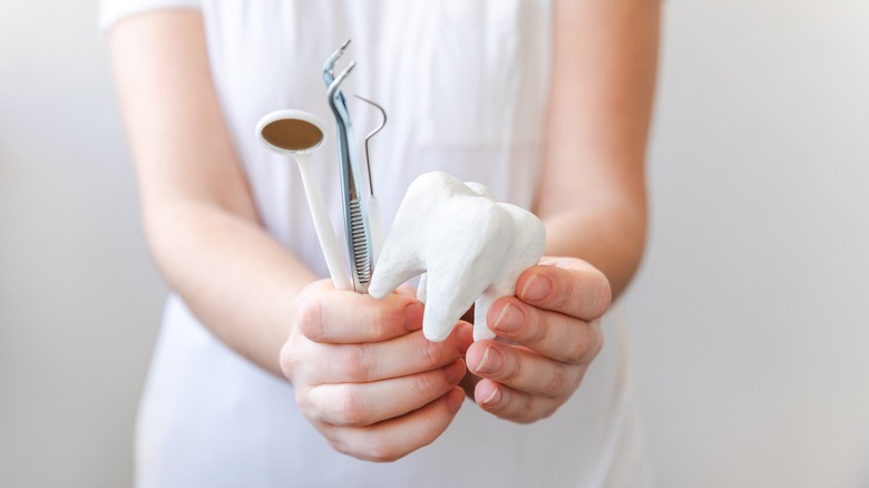 Woman holding a fake tooth