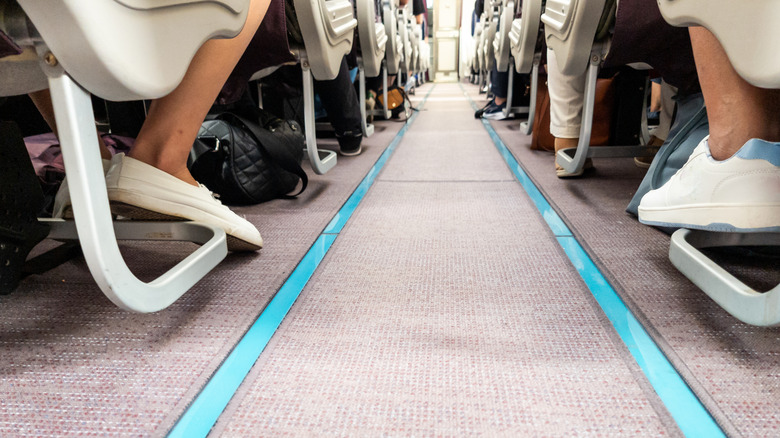 A low angle of the floor of an airplane