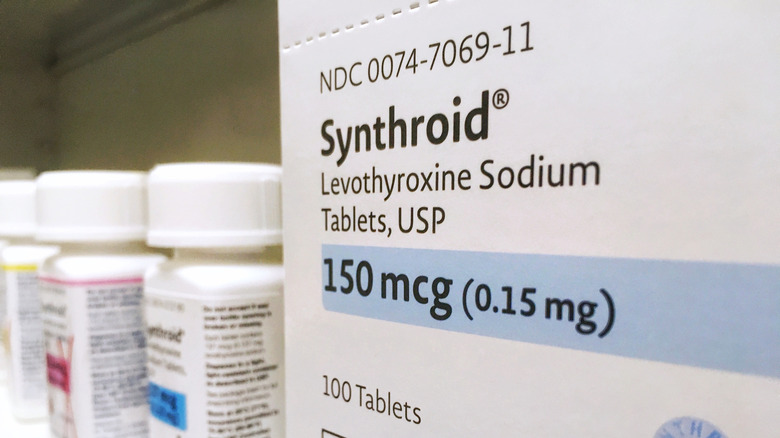 box of Synthroid on shelf along with bottles