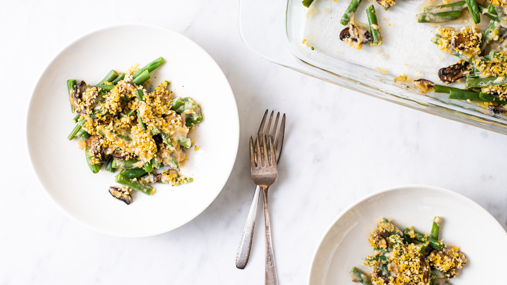 Healthy green bean casserole on a marble table