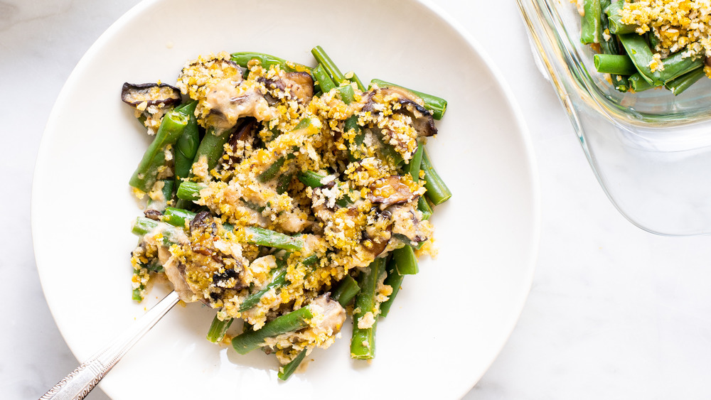 Healthy green bean casserole in a white bowl