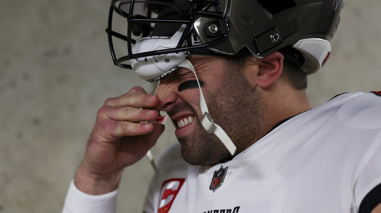 Tampa Bay Buccaneer Baker Mayfield using smelling salts