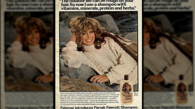 Vintage 1970s ad with Farrah Fawcett modeling for Faberge shampoo