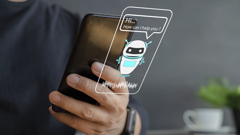 man holding smartphone with chatbot superimposed