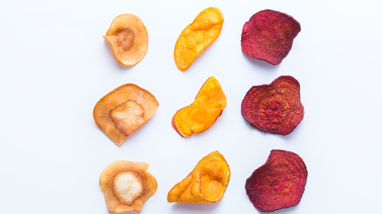 three types of dried vegetable chips 