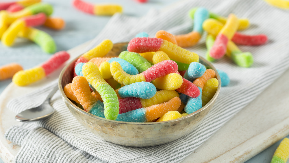 A bowl of sour gummy worms