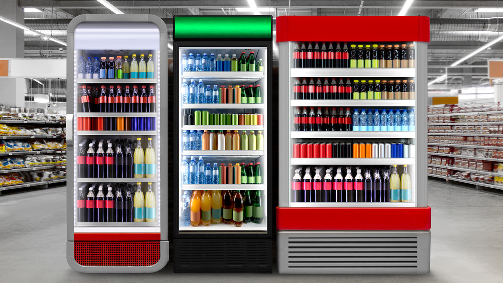 Soda and energy drinks in fridge