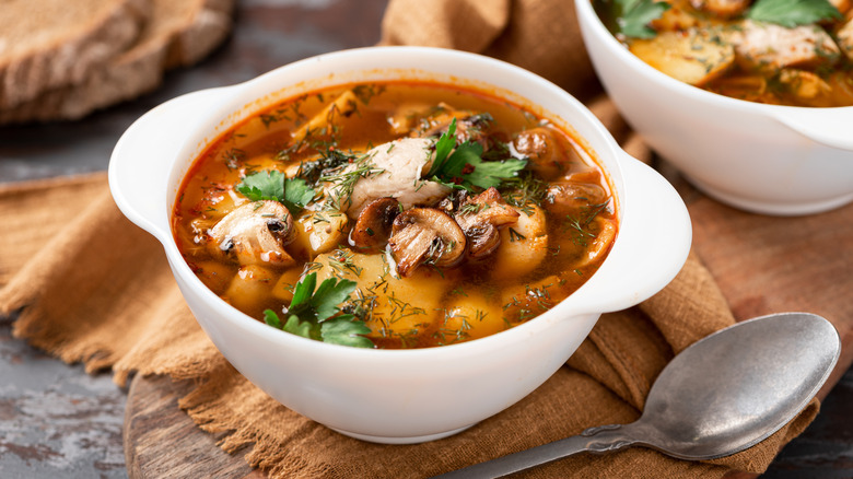 A bowl of soup on a table