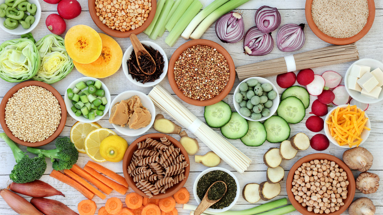 A spread of foods with vegetables and whole grains