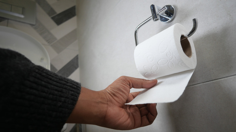 female hand pulling toilet paper off roll in bathroom