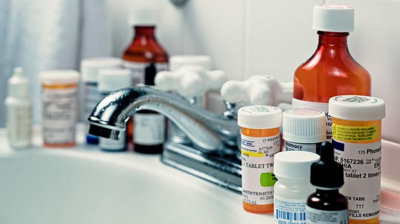 medicine around the bathroom sink