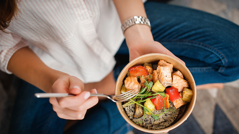 plate with salmon and fresh basil