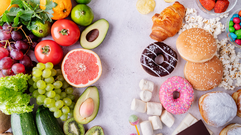 A spread of healthy and unhealthy foods