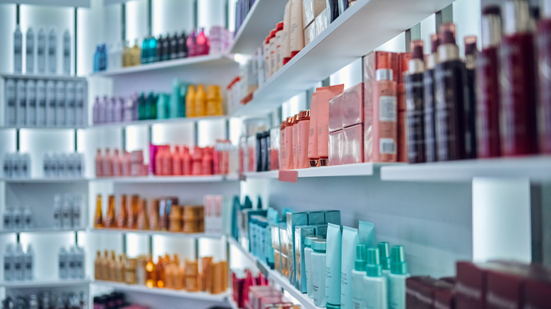 Wide angle shot of hair products on shelves