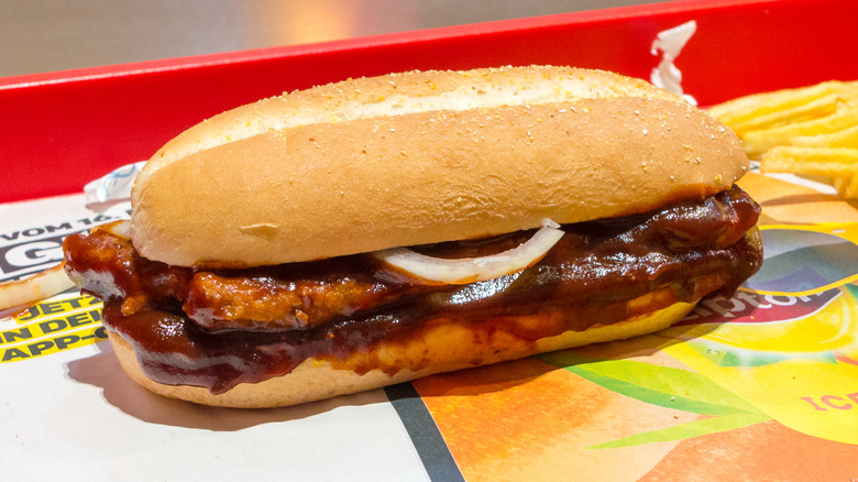 McDonalds McRib sandwich served on tray  