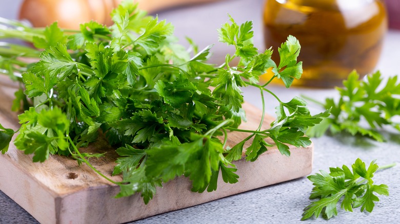 a bunch of parsley on a cutting board 