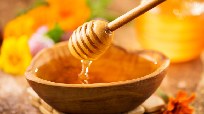 ladle dipped in bowl of honey