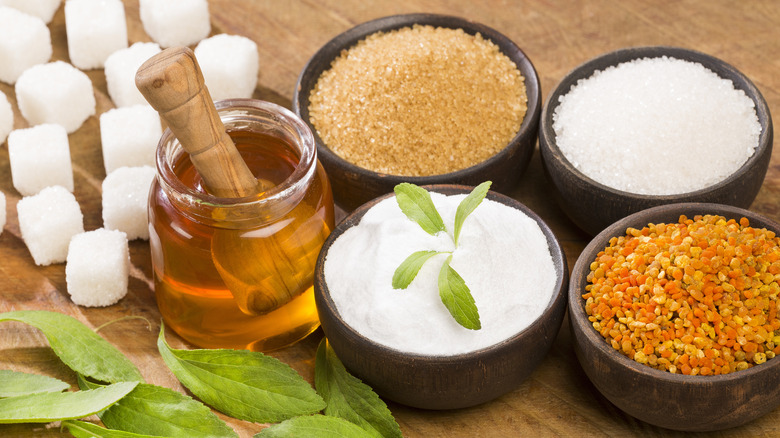 different types of sugar on a counter