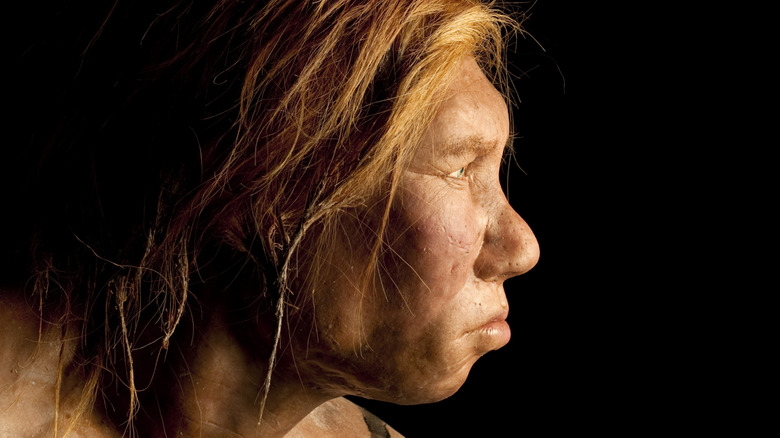 A Neanderthal woman statue against a black background