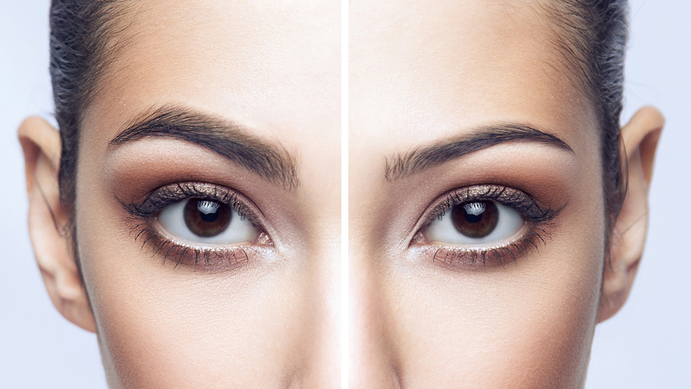 side by side view of a woman with thick and thin eyebrows 