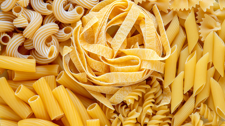 Uncooked fettuccini, farfalle, penne and ziti