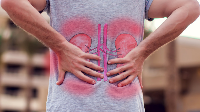 Man in a gray shirt holding his back where they is an image of his kidneys outlined in red
