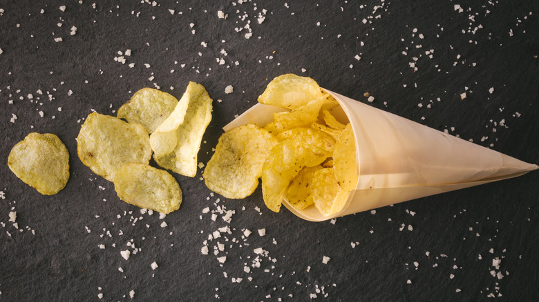 Salty chips in paper cone