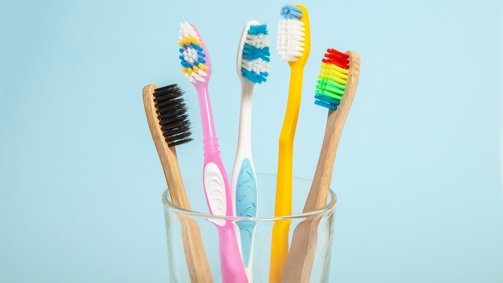 Set of toothbrushes in glass