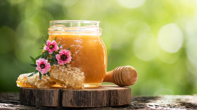 jar of raw honey next to bits of a honeycomb