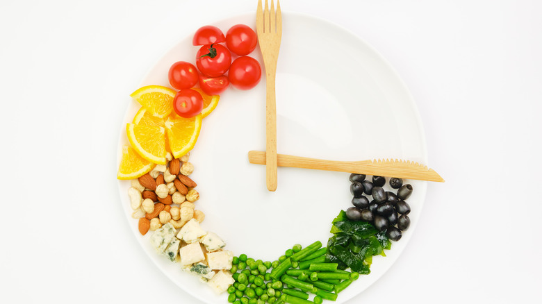 Plate of food with knife and fork arranged like a clock