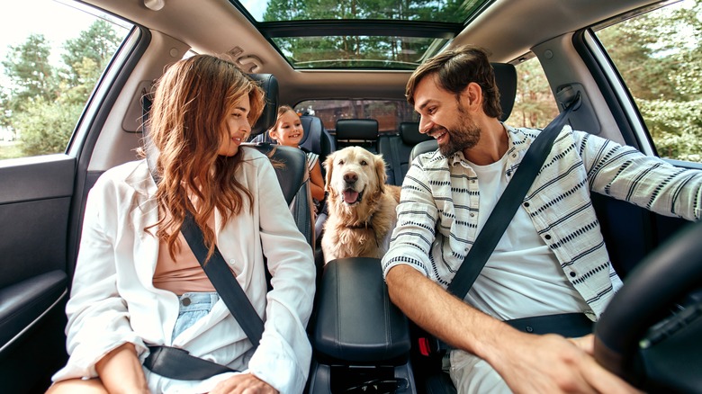 A family drives with their dog